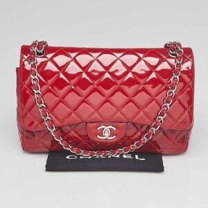 Chanel Red Quilted Patent Leather Classic Jumbo Double Flap Bag